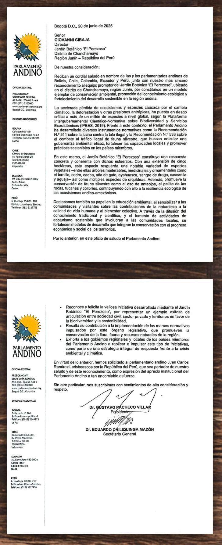 Reconocimiento por el Parlamento Andino - El Perezoso