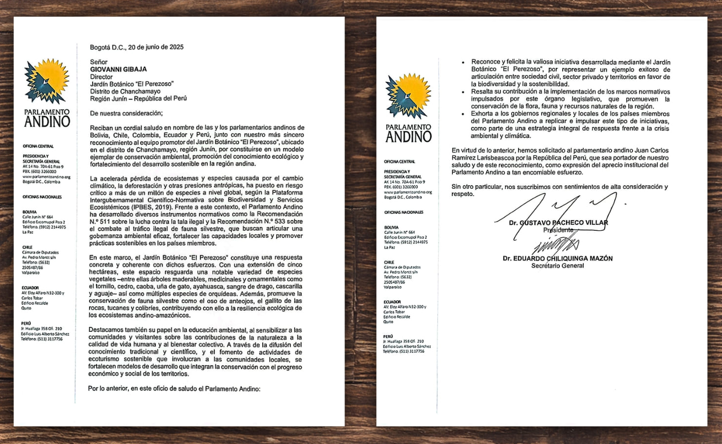 Reconocimiento por el Parlamento Andino - El Perezoso